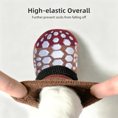PUPTECK Anti-Slip Dog Socks with Double Sides for Small Medium Large Dogs Hardwood Floors Prevents Licking, Dog Shoes for Hot Pavement Traction Control Paw Protector for Senior Dogs, Striped Brown XS