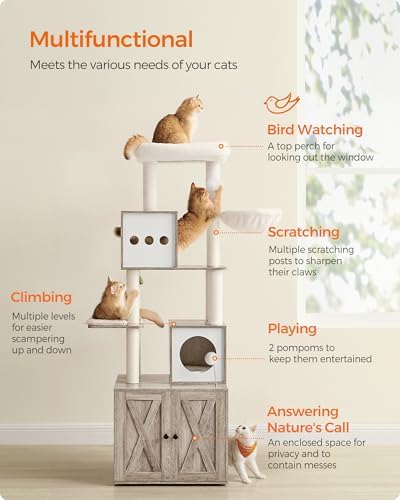 Feandrea Cat Tree with Litter Box Enclosure, 70.1-Inch Tall Cat Tower