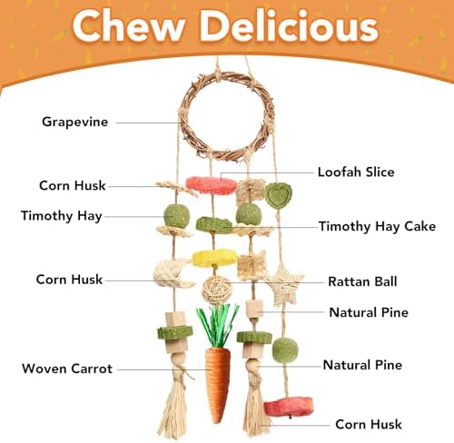 Jorewood Rabbit Chew Toys Bunny Cage Hanging Toy and Treats Rattan Ring with Snacks for Rodent Pets Teeth Healthy