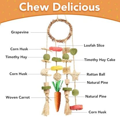 Jorewood Rabbit Chew Toys Bunny Cage Hanging Toy and Treats Rattan Ring with Snacks for Rodent Pets Teeth Healthy