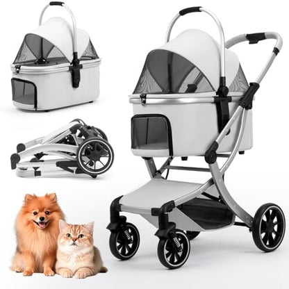 3 in 1 Pet Stroller for Small/Medium Dogs & Cats with Detachable Carrier, Storage Basket and Pet Pad, 4 Wheels Foldable Pet Travel Carrier for Car Seat & Hand Carry, Safe Outings (Grey)