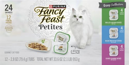 Fancy Feast Purina Gourmet Wet Cat Food Variety Pack,Petites Gravy Collection,Break-Apart tubs,48 Servings - 2.8 oz. Tubs,(Pack of 24)