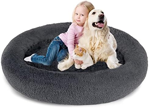 SAVFOX 54 inches Calming Donut Dog Bed - 3X Durable Plush Faux Fur, Machine Washable & Non-Slip, Fits up to 210 lbs, Removable Cover, Dark Grey
