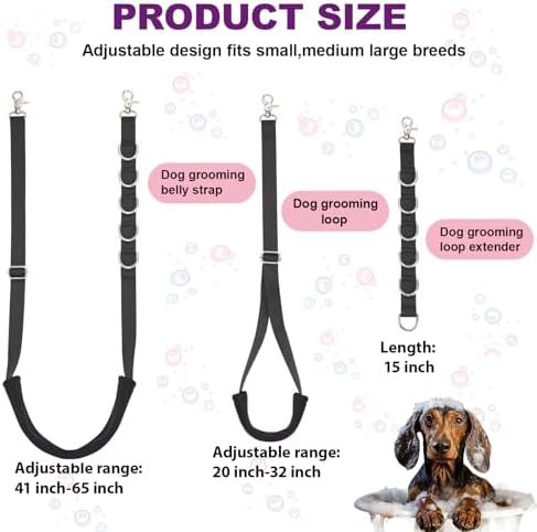 Dog Grooming Belly Strap - 3PCS Grooming Restraint Set Adjustable Belly Band Loops Strap with Padded Support & Loop Extension Straps Pet Grooming Harness Kit for Dogs (Black)
