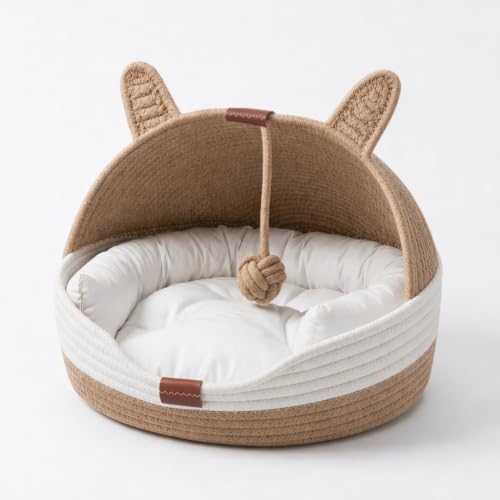 Cat Bed Basket for Indoor Cats with Cat Ear Cover Design