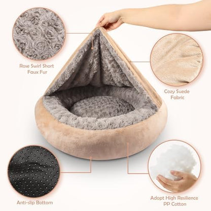 JOEJOY Small Dog Cat Bed With Hooded Blanket, Cozy Cuddler Luxury Puppy Pet Donut Round Calming Anti-Anxiety Burrow Cave - Anti-Slip Bottom, Machine Washable, 23 Inch