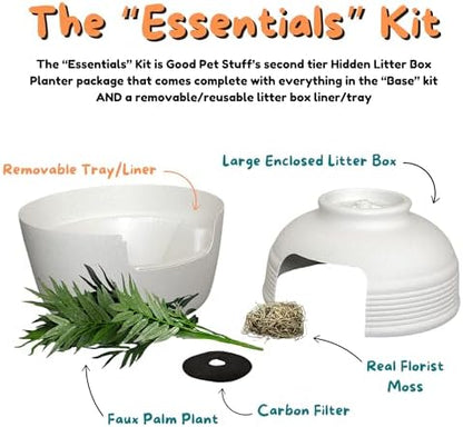 Good Pet Stuff Original Hidden Litter Box Planter, Decorative Cat Litter Enclosure, Carbon Filter, Faux Plant, Easy to Clean, Round Design, Removable Tray, Essentials Kit, Palm Plant, Soft White