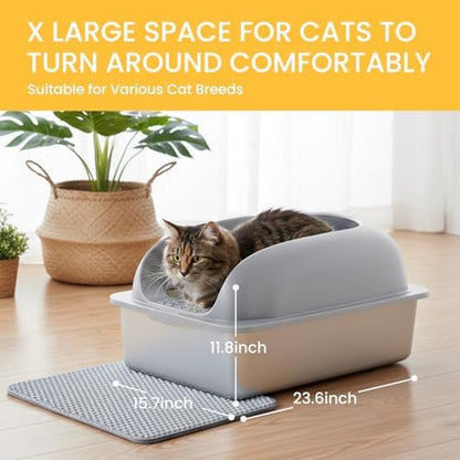 HealSmart Stainless Steel XL Cat Litter Box, Extra Large Cat Litter Box with Lid, High Sided Metal Litter Tray for Big Cats, Anti-Urine Leakage Non-Stick Easy Clean, Light Gray