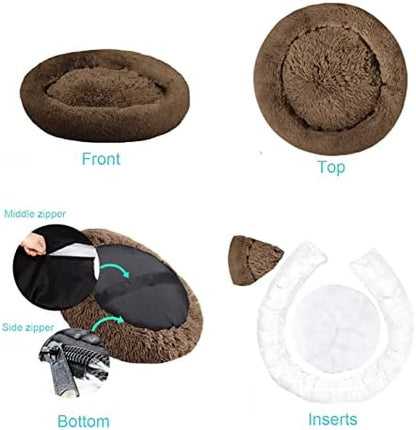 SAVFOX 54 inches Calming Donut Dog Bed - 3X Durable Plush Faux Fur, Machine Washable & Non-Slip, Fits up to 210 lbs, Removable Cover, Brown