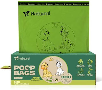 Compostable Dog Poop Bags-300 Bags 1Rolls, (Unscented)