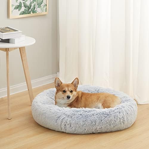 Bedfolks Calming Fluffy Donut Dog Bed for Medium Dogs,Light Blue, 30" Round