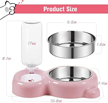 Dog Bowls, Cat Food and Water Bowl Set with Water Dispenser and Stainless Steel Bowl for Cats and Small Dogs - Pink