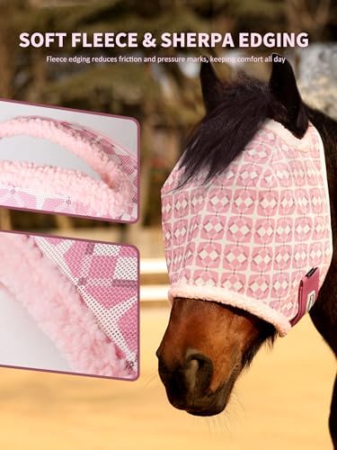 Tackmore Horse Fly Mask Without Ears, Breathable Structured Mesh for Horses, Soft Fleece Edging, UV Protection, Printed Turnout Mask for Pasture-Pink Print M