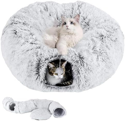 Cat Tunnel with Cat Bed for Indoor Cats, Under Christmas Tree Soft Plush Peekaboo Cat Cave Donut Tunnel, Multifunctional Playground Toys Hideplace for Kittens, Rabbit, Ferret