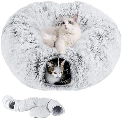 Cat Tunnel with Cat Bed for Indoor Cats, Under Christmas Tree Soft Plush Peekaboo Cat Cave Donut Tunnel, Multifunctional Playground Toys Hideplace for Kittens, Rabbit, Ferret
