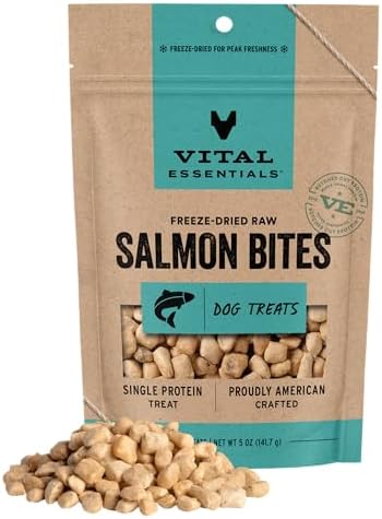Vital Essentials Freeze Dried Dog Treats, Salmon Bites, 5 oz Bag