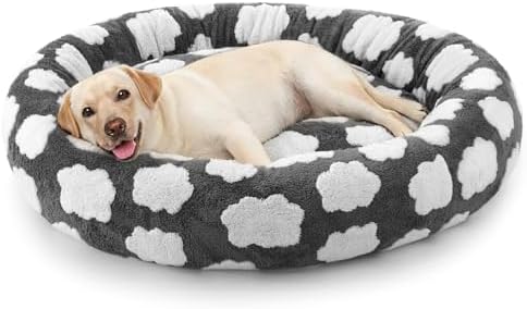 JOEJOY Jacquard Donut Round Dog Beds Large Sized Dog,Grey 36x36x8in, Removable Washable Cover, Cute Pattern, Ultra Soft Fluffy Calming Pet Bed with Thick Supportive Bolster