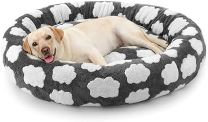JOEJOY Jacquard Donut Round Dog Beds Large Sized Dog,Grey 36x36x8in, Removable Washable Cover, Cute Pattern, Ultra Soft Fluffy Calming Pet Bed with Thick Supportive Bolster
