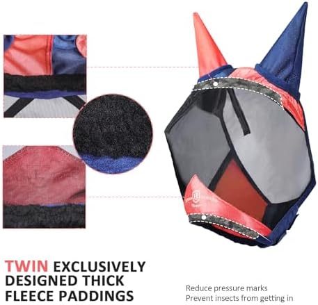 Harrison Howard Pro Luminous Horse Fly Mask Standard with Ears UV Protection for Horse Coral Orange/Navy S