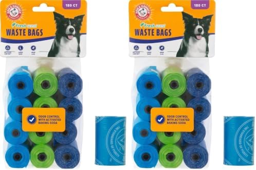 Arm & Hammer Easy-Tear Disposable Dog And Cat Waste Bags With Activated Baking Soda, 180 Dog Poop Bags, 9 x 14 Inches, (Pack of 2)