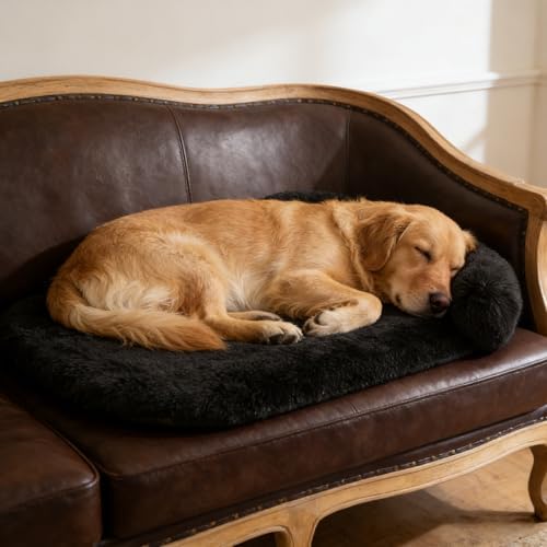Orthopedic Dog Bed with Egg-Crate Base, Calming Dog Beds Fluffy Plush Faux Fur with Raised Edges, Spine Friendly Pet Sleeping Mat for Medium Large Dogs, Machine Washable (Oval, Black 32"x24")