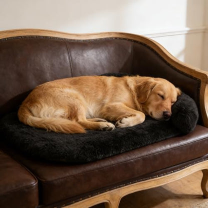 Orthopedic Dog Bed with Egg-Crate Base, Calming Dog Beds Fluffy Plush Faux Fur with Raised Edges, Spine Friendly Pet Sleeping Mat for Medium Large Dogs, Machine Washable (Oval, Black 32"x24")