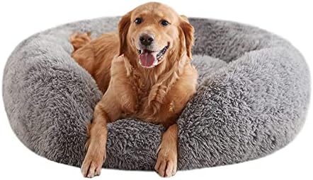 Calming Dog Beds for Large Dogs, Faux Fur Donut Cuddler Dog Bed, Round Fluffy Pillow, Washable Pet Bed for Dogs Up to 80Lbs, 36inch