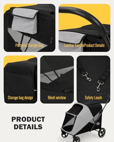 Dog Stroller for Large & Medium Dogs, 4 Wheels Pet Stroller for Large Dogs up to 120lbs, Extra Large Dog Stroller with Foldable Design, Sun Shades, Storage Pocket, Breathable Mesh