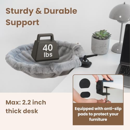 Cat Desk Bed – 180° Rotating & Adjustable Cat Hammock, 2 Washable Covers, Supports 40 lbs, Non-Slip Clamp, Soft Faux Fur, Space-Saving Design for Home Office, Remote Workers, Gamers
