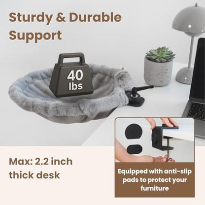 Cat Desk Bed – 180° Rotating & Adjustable Cat Hammock, 2 Washable Covers, Supports 40 lbs, Non-Slip Clamp, Soft Faux Fur, Space-Saving Design for Home Office, Remote Workers, Gamers