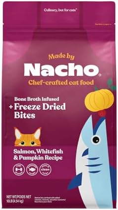 Made by Nacho Dry Cat Kibble 10lb Bag, High Protein Premium Cat Food with Freeze Dried Pieces, Sustainably-Caught Salmon, Whitefish & Pumpkin, Limited Ingredients, Single Bag