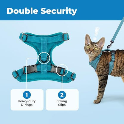Voyager Escape-Proof Step-in Lock Cat Harness & 5ft Neoprene-Handle Leash Set All-Weather Mesh with Reflective Stitching for Small to Large Cats by Best Pet Supplies, Turquoise (327), XS