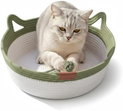 Instinct Basket for Cats - Handwoven Cotton Rope Enrichment Bed with Attached Toy Tail, Scratchable Interactive Pet Nest Features Flexible Walls to Fight Boredom & Protect Furniture (Green, M)