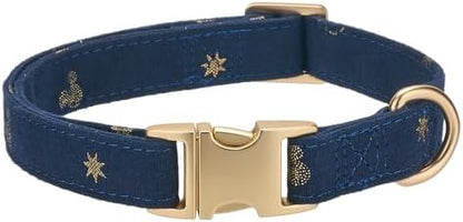 Cotton Fibric Dog Collar with High Grade Metal Buckle, for Small Dogs(Dark Blue,Small:10-15")