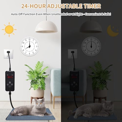 Pet Heating Pad for Cats and Dogs - Electric Warming Mat with Timer & Temperature Setting, Waterproof Cover, Auto Shut-Off - Safe Indoor Bed Warmer, 20 x 16 Inch