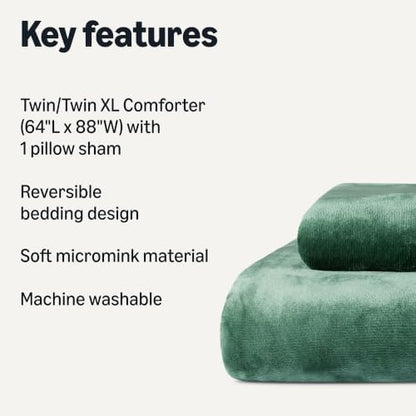 Amazon Basics Reversible Sherpa Comforter Set with Pillow Sham, Twin/Twin XL, Green