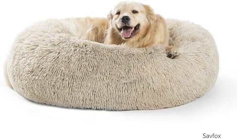 SAVFOX 36 inches Calming Donut Dog Bed - 3X Durable Plush Faux Fur, Machine Washable & Non-Slip, Fits up to 100 lbs, Beige