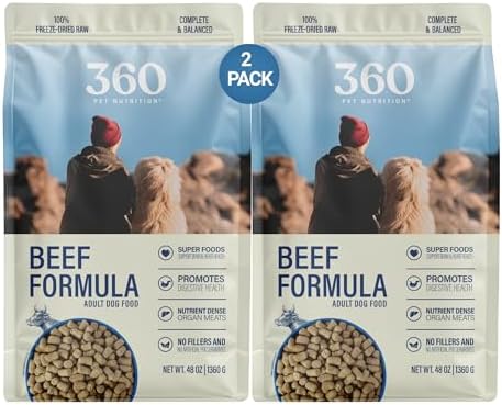 360 Pet Nutrition Freeze-Dried Raw Dog Food – Beef Recipe with Liver & Organs, High Protein with Omega-3s, Fruits, Veggies & Superfoods, Grain-Free, No Fillers 2 x 48 oz – Made in USA
