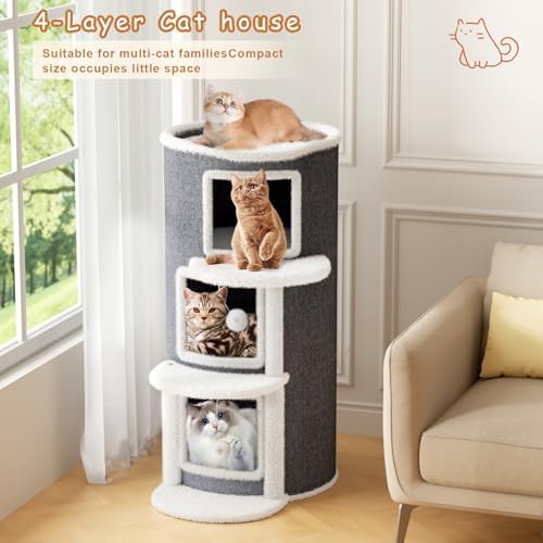 3-Storey Cat Beds for Indoor Cats House, Covered Beds & Furniture with Scratch Pad, Cat Hideaway Cave, Condo with Dangling Fluffy Balls for Multiple Kitten, Grey 15.75X15.75X35.43INCH