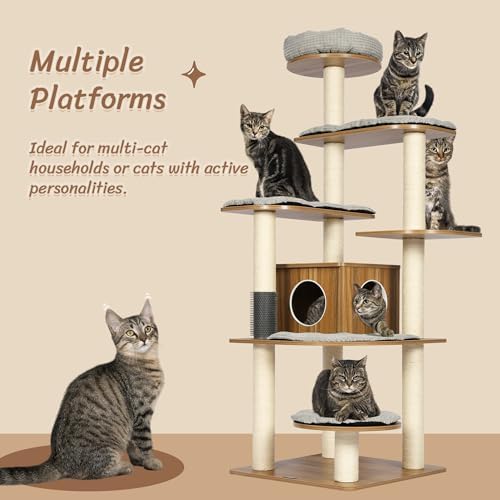 KAMABOKO 69”H Tall Wood Cat Tree, Large Cat Tower Multi-Level Platforms with Sisal Scratching Posts, Cat Condo for Large Cats 20 lbs Heavy Duty (69” H Wood Brown)