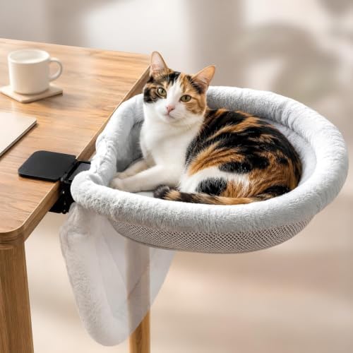 Cat Desk Bed, Clamp-On Cat Bed for Desk with Soft Fleece & Breathable Mesh, Foldable Cat Desk Hammock Holds 66 lbs, Fits Desks up to 3.3", Desk Cat Bed Attachment for Home Office, Bedside & Counter
