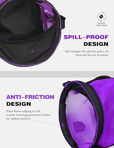 Harrison Howard Horse Muzzle Feed Bag Nylon Mesh Grain Feed Bag with Padded Neck Strap Adjustable Belt Purple Medium