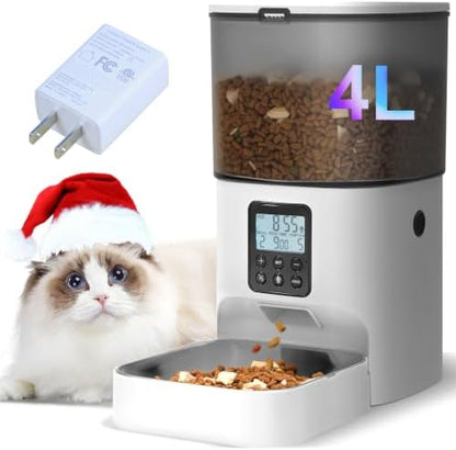 Automatic Cat Feeder, 4L Cat Food Dispenser with 10s Voice Recorder, Pet Feeder up to 8 Meals per Day, Timed Dog Feeder with Dry Food Sealed Ring