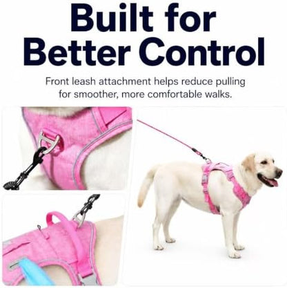 PawWave No Pull Dog Harness with Built-in Hidden AirTag & GPS Tracker Holder, Reflective Adjustable Escape-Proof Vest Harness for Small & Medium Dogs (Hot Pink, XL)