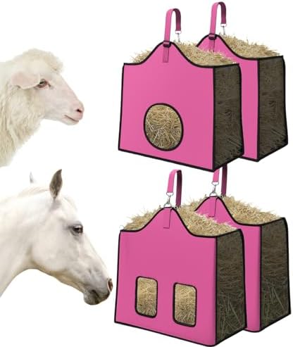 Hay Feeder for Goats and Horses - Slow Feed Design, Heavy Duty Hanging Hay Bag for Barn, Trailer & Paddock, Easy to Hang & Clean(2pcs, Pink)