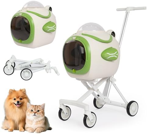 4 in 1 Foldable Pet Stroller with Detachable Carrier for Small Dogs & Cats, Space Capsule Travel Stroller with Inbuilt Fan,Temperature Display & Night Light,Puppy Kitty Doggie Bunny Stroller (Beige)