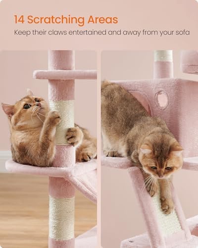 Feandrea Cat Tree, 66.1-Inch Large Cat Tower, Multi-Level Condo, Jelly Pink