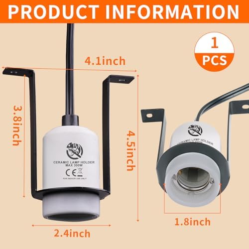 Reptile Ceramic Heat Lamp Holder Heat Light Heater for Terrariums and Vivariums, Lizard Heat Lamp Bracket Light Fixture (Cord 150cm, Max 300W)