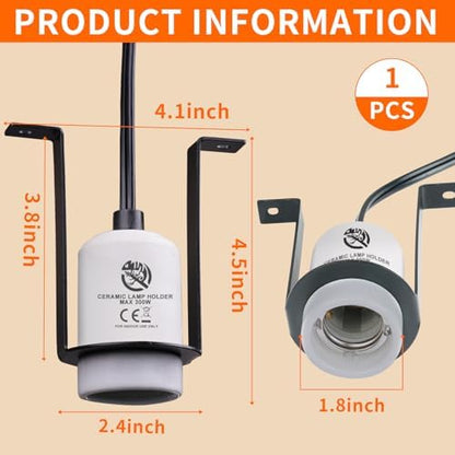 Reptile Ceramic Heat Lamp Holder Heat Light Heater for Terrariums and Vivariums, Lizard Heat Lamp Bracket Light Fixture (Cord 150cm, Max 300W)