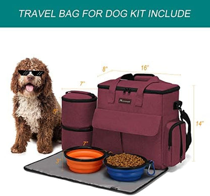 Modoker Weekend Dog Travel Bag with 2 Food Bags, 2 Bowls and Mat,Rose Red